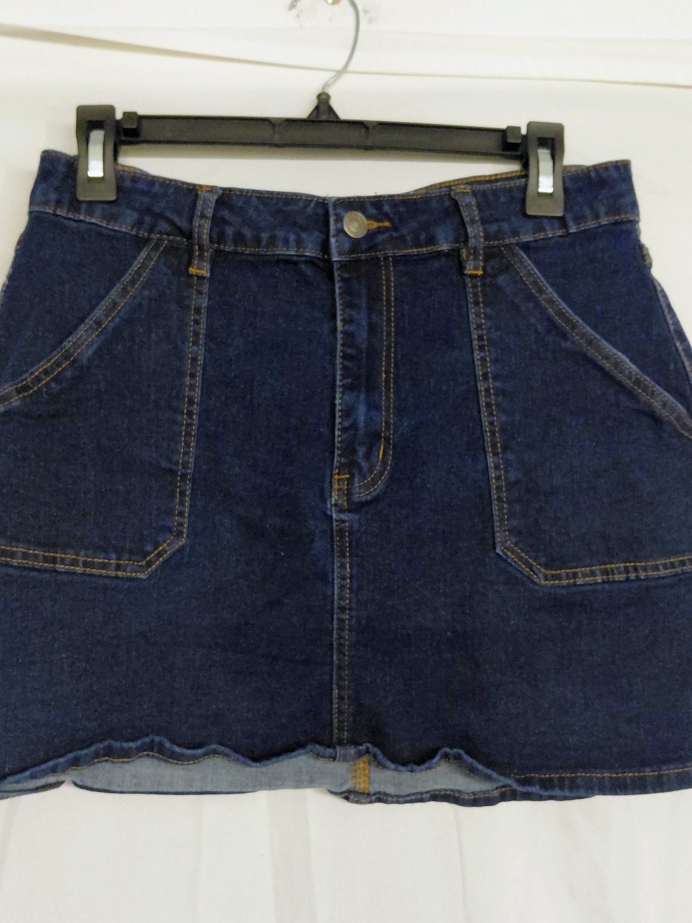 Dark Blue Denim Mini Skirt with Front Patch Pockets